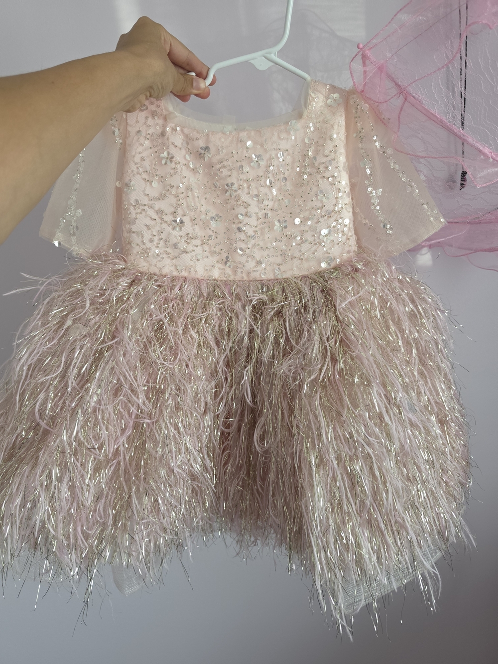 Pink Sequin & Feather Tulle Girls Dress